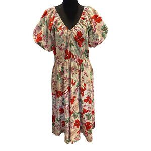 On 34th Floral Maxi Cotton Dress Elastic Waist Puff Short Sleeve Pockets Size L